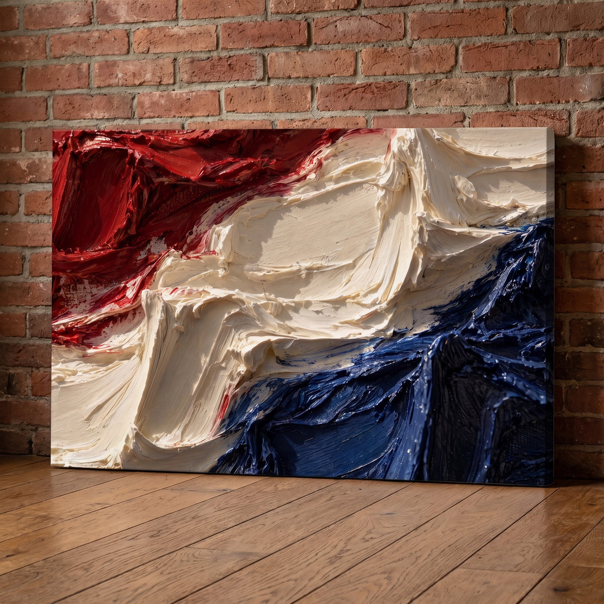 Thick Paint – red, cream and navy brushwork in thick ridges, patriotic canvas wall art leaning against a red brick wall