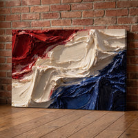 Thick Paint – red, cream and navy brushwork in thick ridges, patriotic canvas wall art leaning against a red brick wall