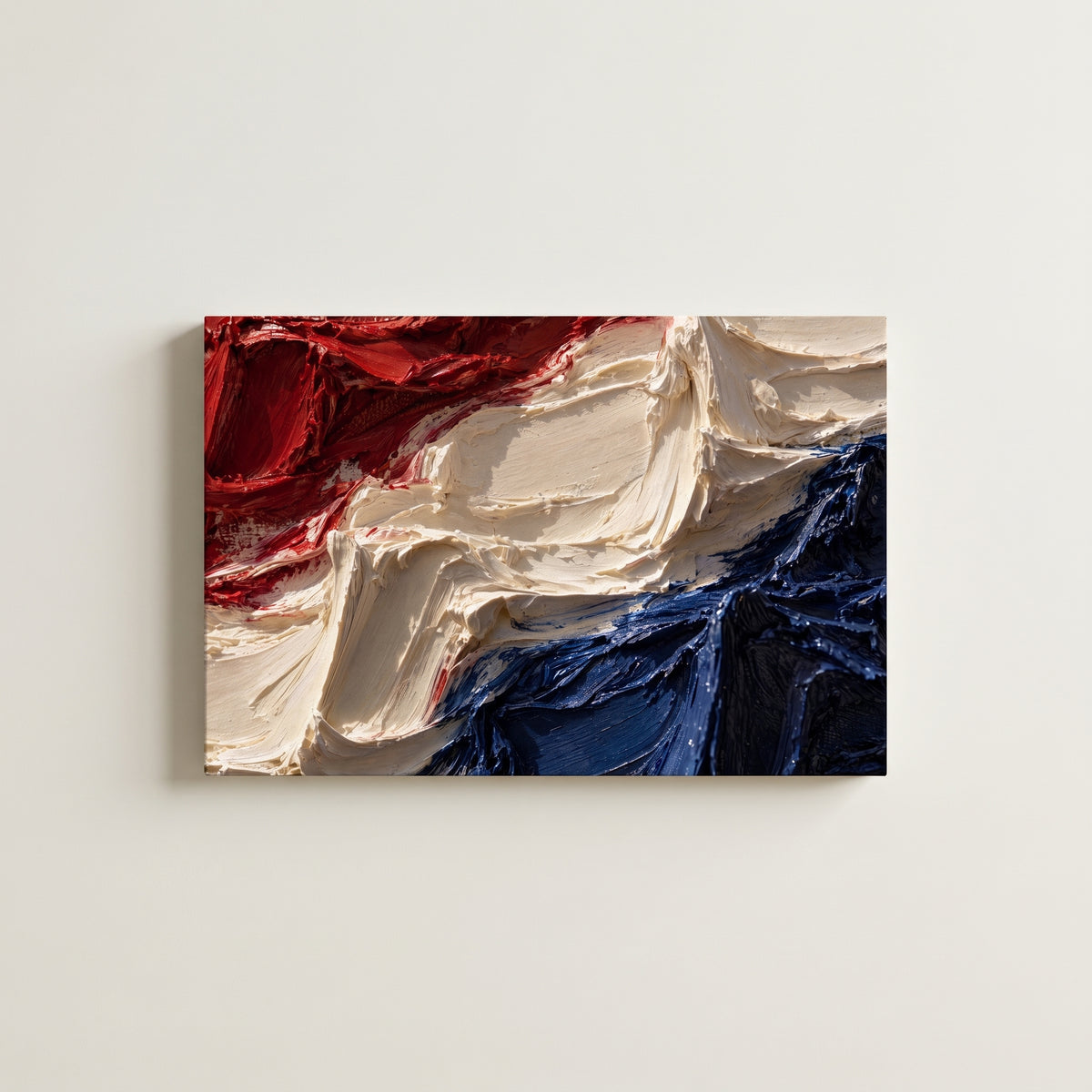 Thick Paint – red, cream and navy brushwork in thick ridges, patriotic canvas wall art on a linen white wall