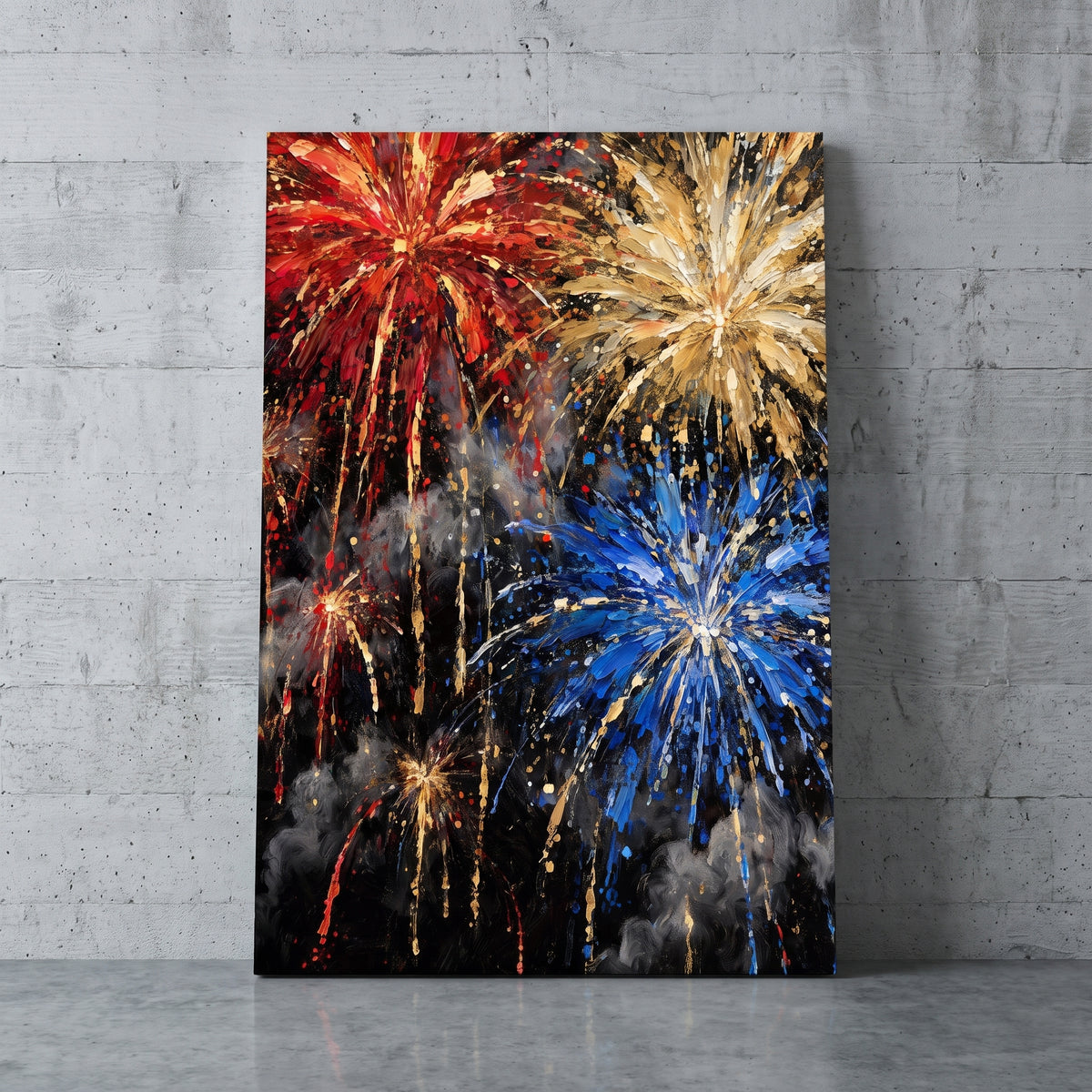 Fireworks – red, gold and blue fireworks bursting on a black sky, patriotic canvas wall art leaning against a concrete wall