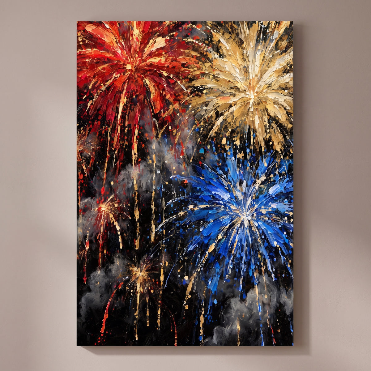 Fireworks – red, gold and blue fireworks bursting on a black sky, patriotic canvas wall art on a taupe wall