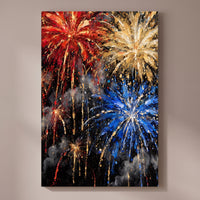 Fireworks – red, gold and blue fireworks bursting on a black sky, patriotic canvas wall art on a taupe wall