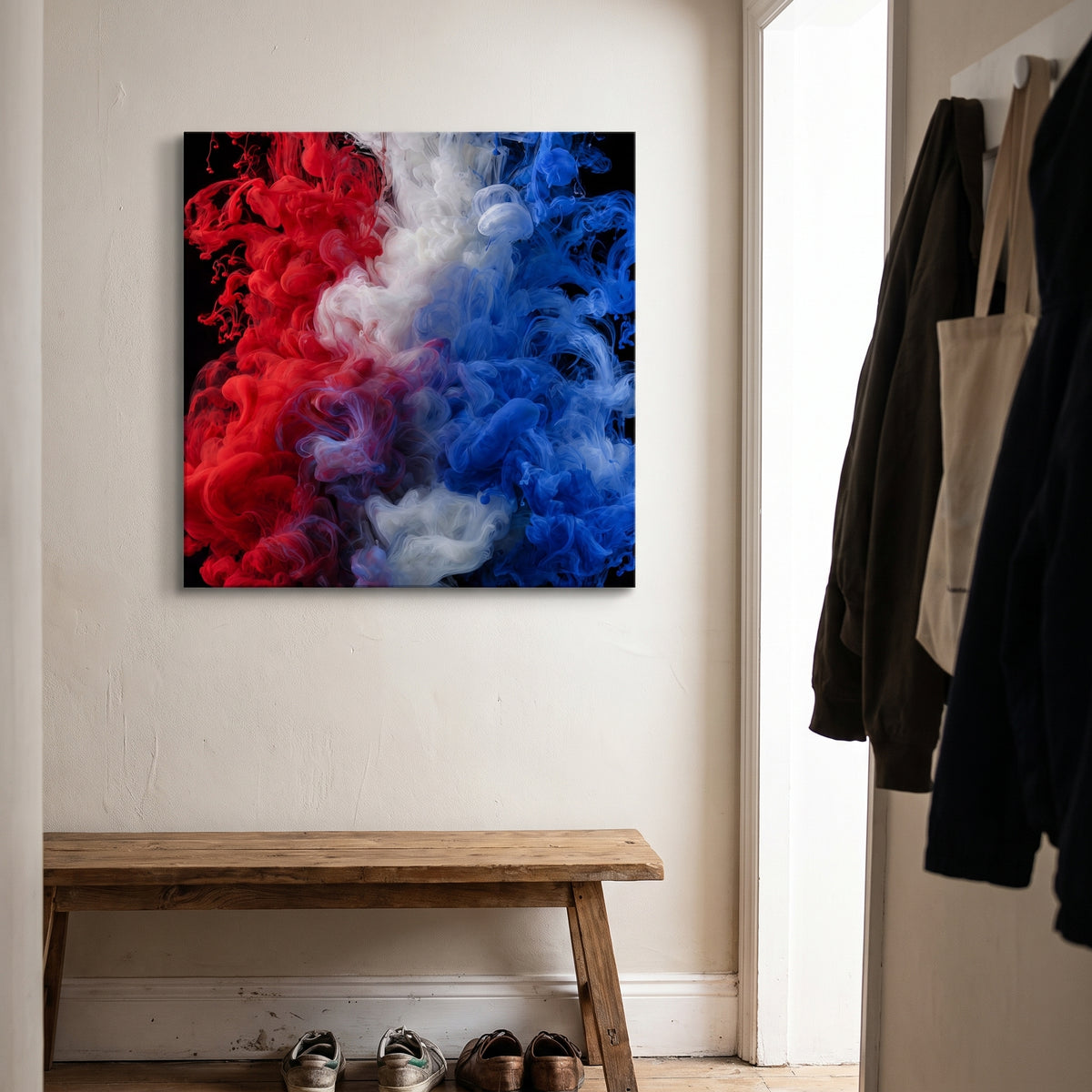 Bloom – red, white and blue ink blooming through black water, patriotic canvas wall art above a wooden bench in a hallway