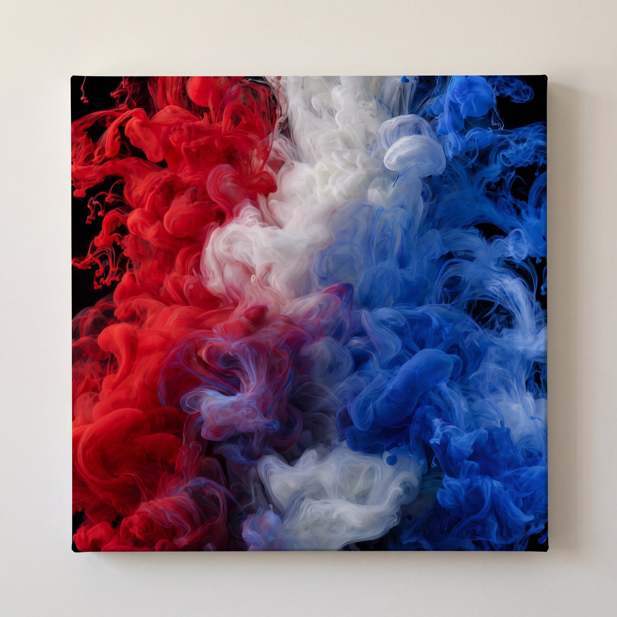Bloom – red, white and blue ink blooming through black water, patriotic canvas wall art on a linen white wall