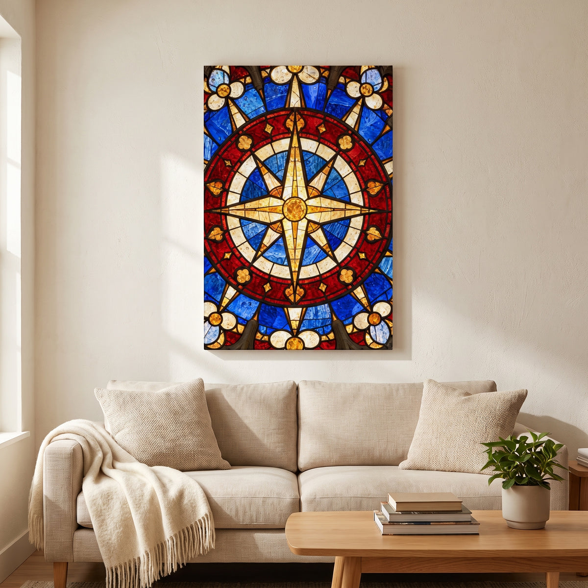 The Rose Window – red, white and blue rose window with a gold compass star, patriotic canvas wall art above a linen sofa in a living room