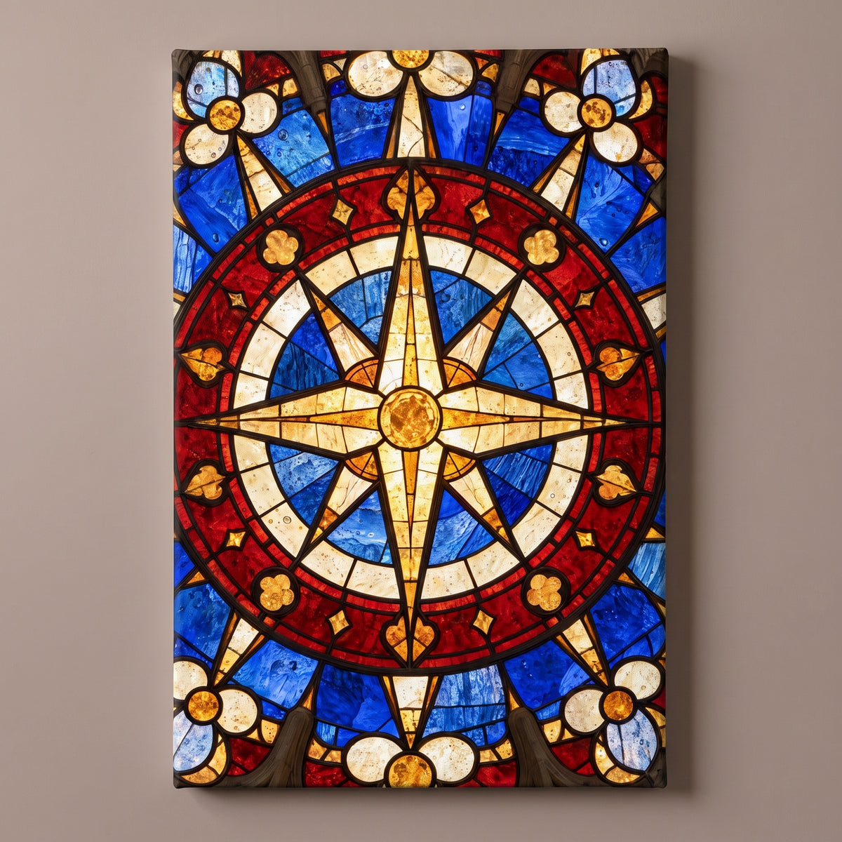 The Rose Window – red, white and blue rose window with a gold compass star, patriotic canvas wall art on a taupe wall