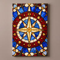 The Rose Window – red, white and blue rose window with a gold compass star, patriotic canvas wall art on a taupe wall