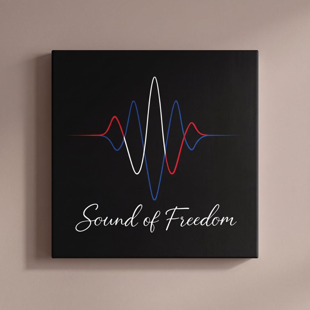 Sound of Freedom – red, white and blue sound wave over script lettering on black, patriotic canvas wall art on a taupe wall