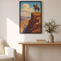 Rider on the Range framed print above a wooden console table