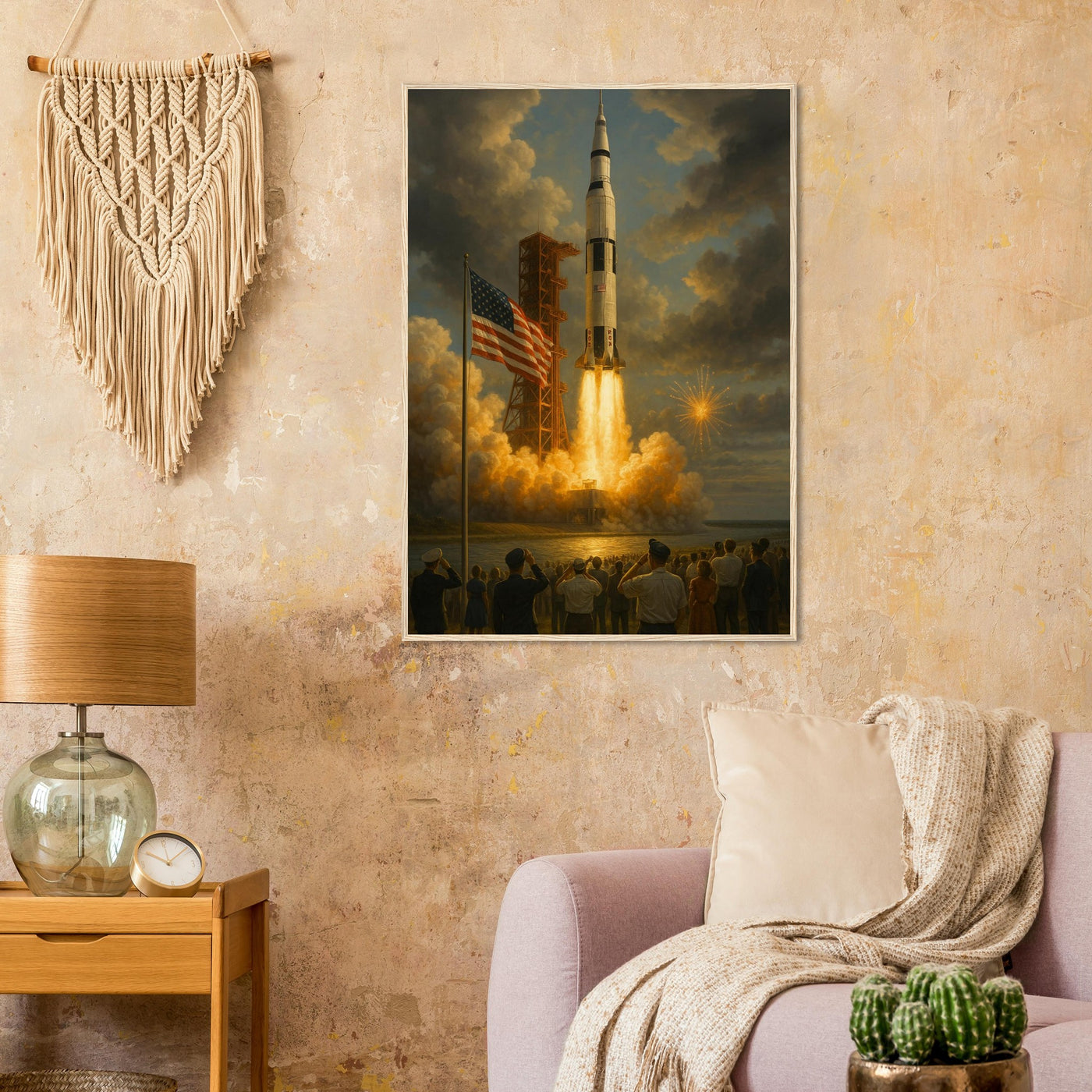 Wooden framed poster of The Saturn V rocket launch, ready to hang.