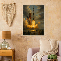 Wooden framed poster of The Saturn V rocket launch, ready to hang.