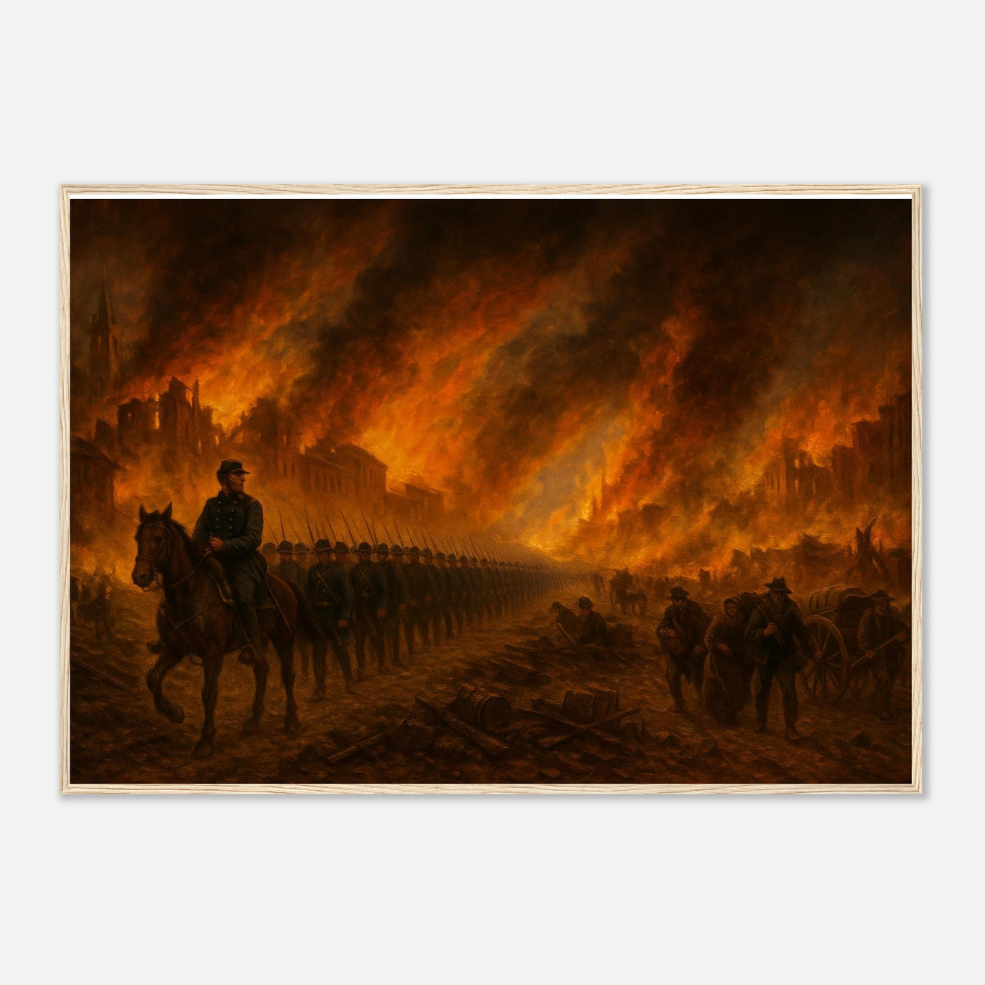 Framed print of Sherman's March through burning Atlanta, ready to hang.