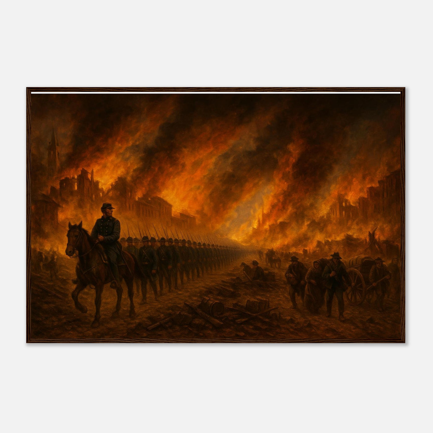 Framed print of Sherman's March through burning Atlanta, ready to hang.