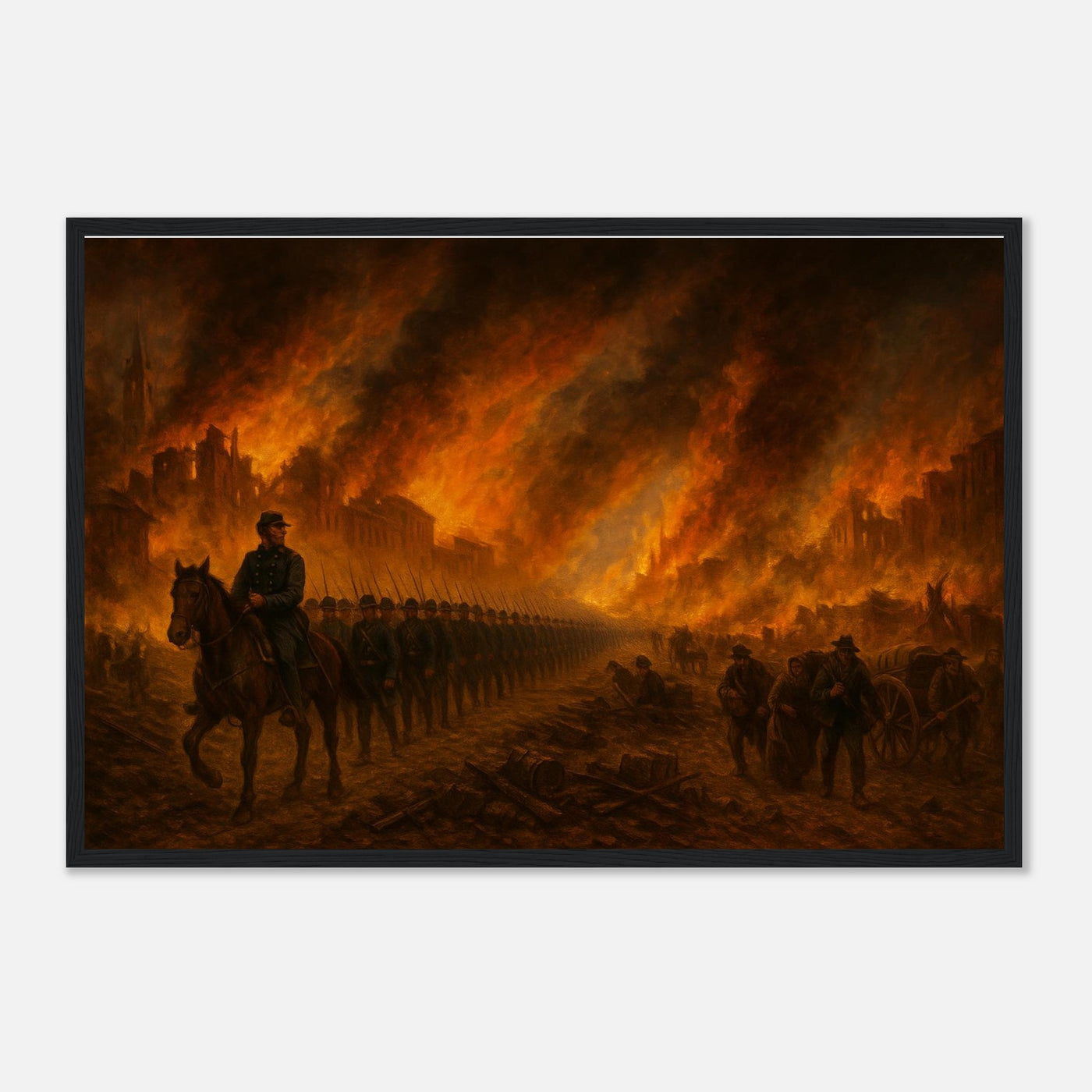 Framed print of Sherman's March through burning Atlanta, ready to hang.