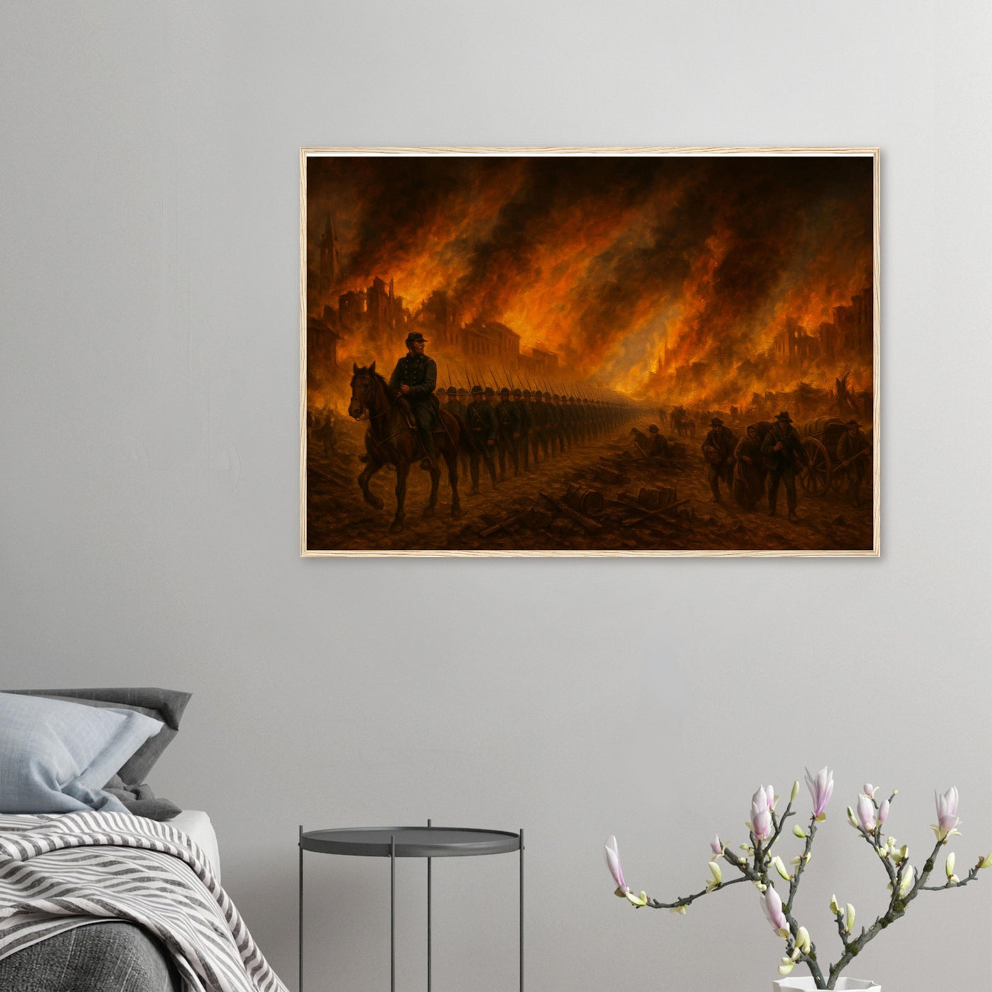 Framed print of Sherman's March through burning Atlanta, ready to hang.