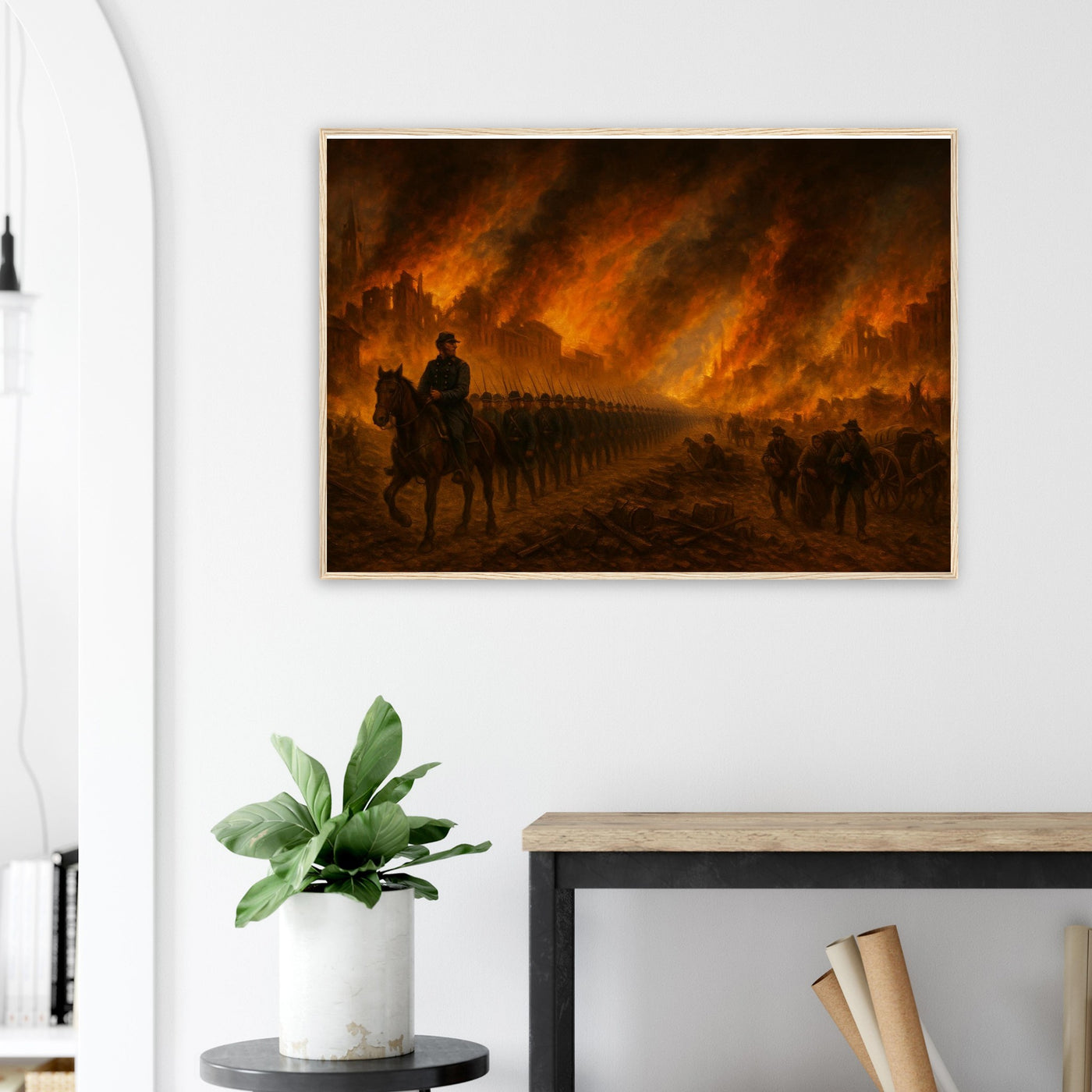 Framed print of Sherman's March through burning Atlanta, ready to hang.