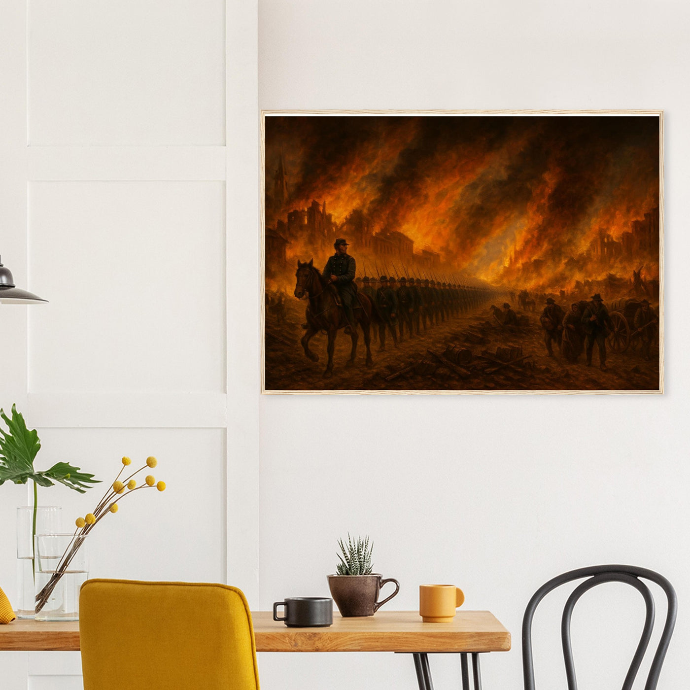 Framed print of Sherman's March through burning Atlanta, ready to hang.