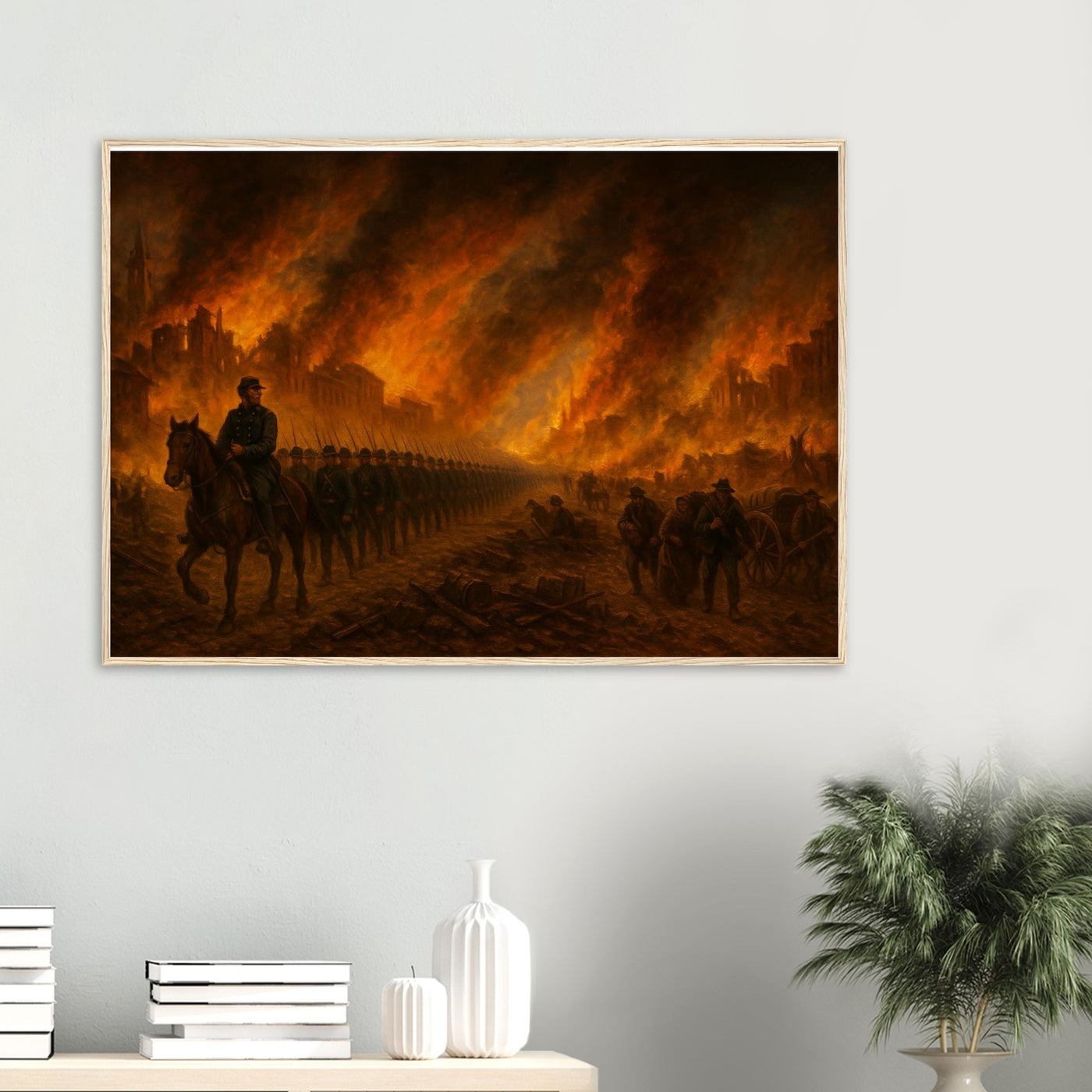 Framed print of Sherman's March through burning Atlanta, ready to hang.