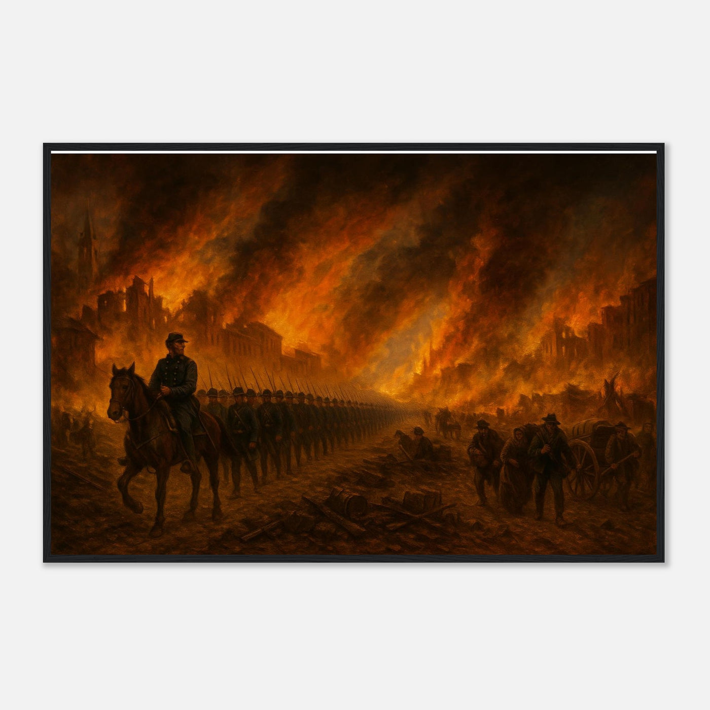 Framed print of Sherman's March through burning Atlanta, ready to hang.