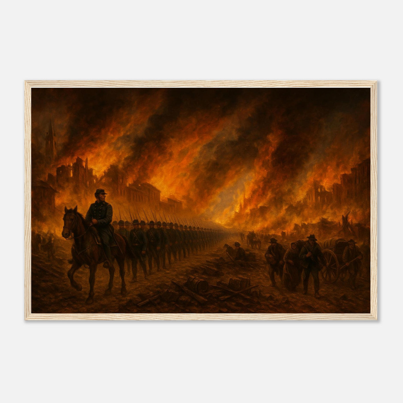 Framed print of Sherman's March through burning Atlanta, ready to hang.