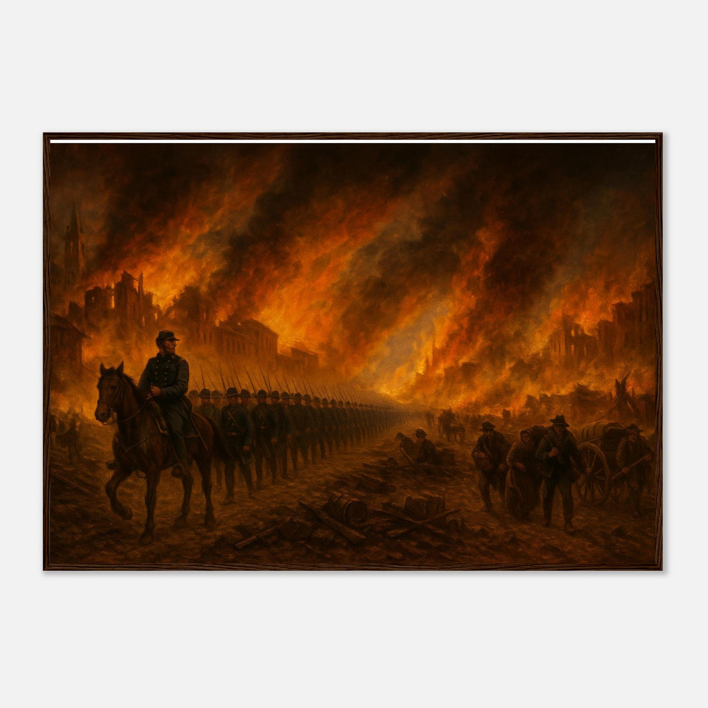 Framed print of Sherman's March through burning Atlanta, ready to hang.