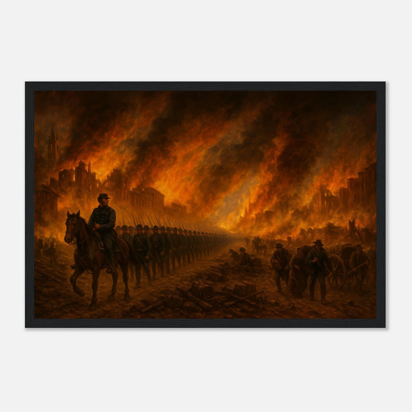 Framed print of Sherman's March through burning Atlanta, ready to hang.