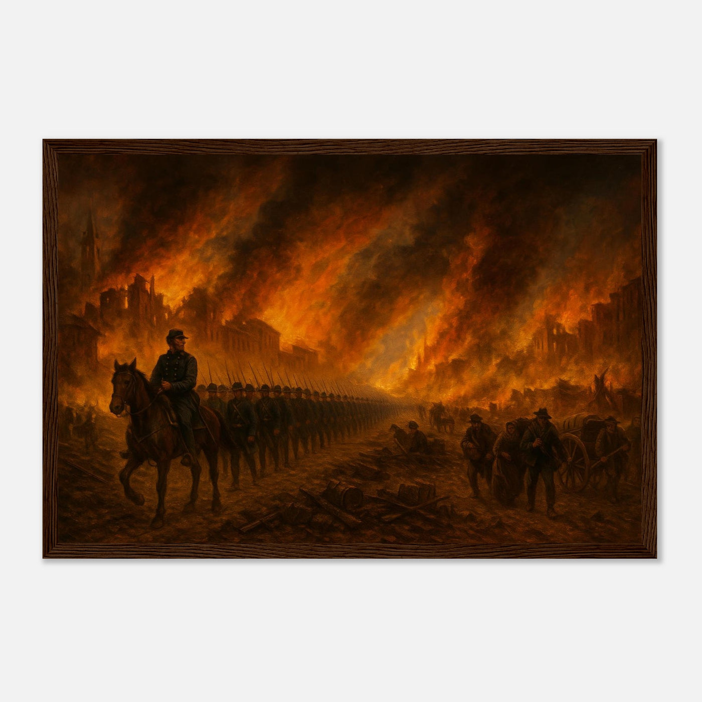 Framed print of Sherman's March through burning Atlanta, ready to hang.