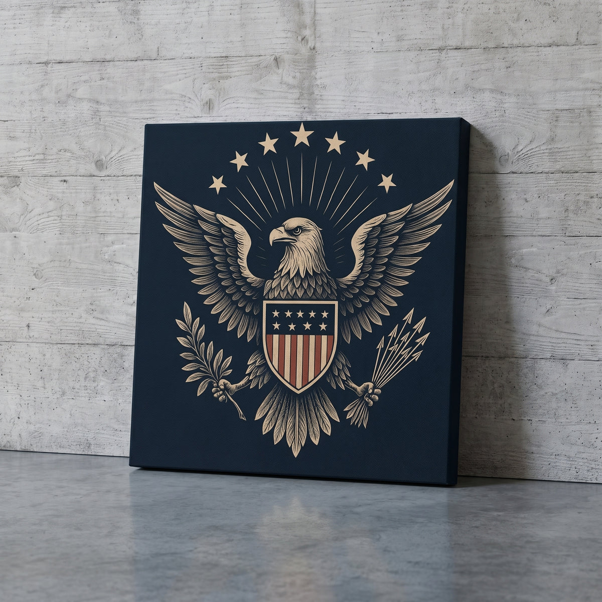 Emblem of Freedom – silver heraldic eagle with a stars and stripes shield on black, patriotic canvas wall art leaning against a concrete wall