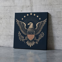 Emblem of Freedom – silver heraldic eagle with a stars and stripes shield on black, patriotic canvas wall art leaning against a concrete wall