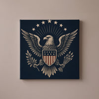 Emblem of Freedom – silver heraldic eagle with a stars and stripes shield on black, patriotic canvas wall art on a taupe wall