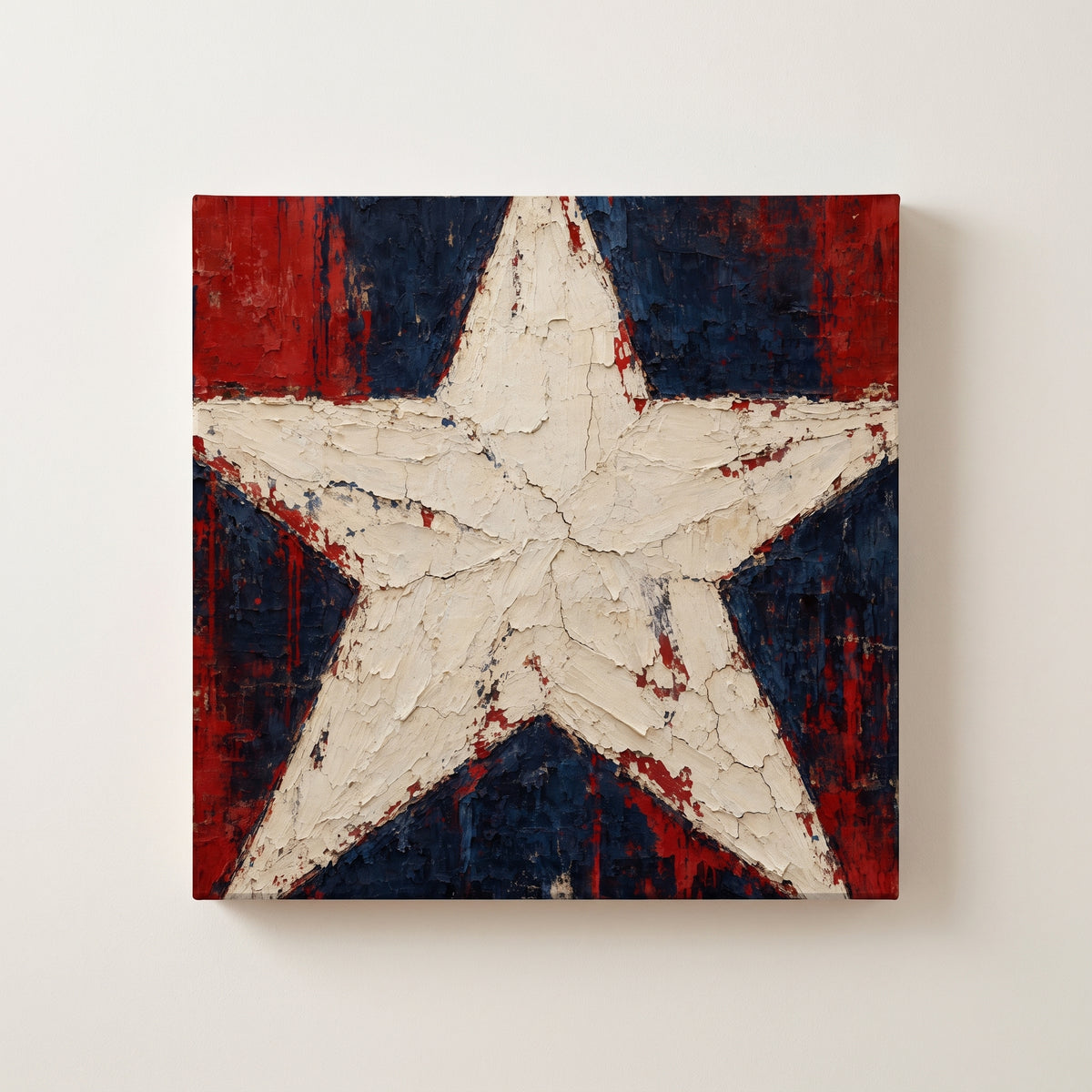 One Star – single cream five-pointed star over red and navy, patriotic canvas wall art on a linen white wall