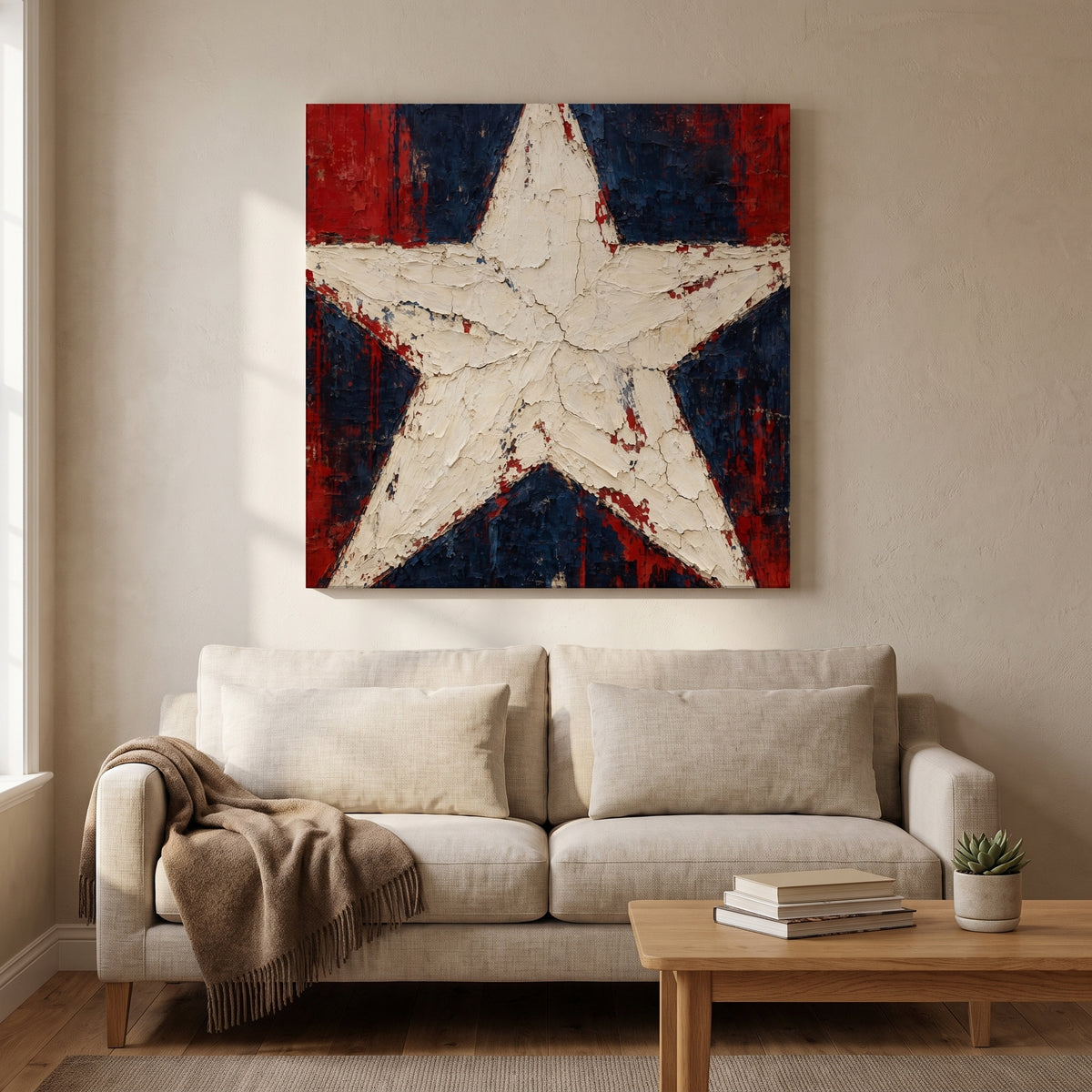 One Star – single cream five-pointed star over red and navy, patriotic canvas wall art above a linen sofa in a living room