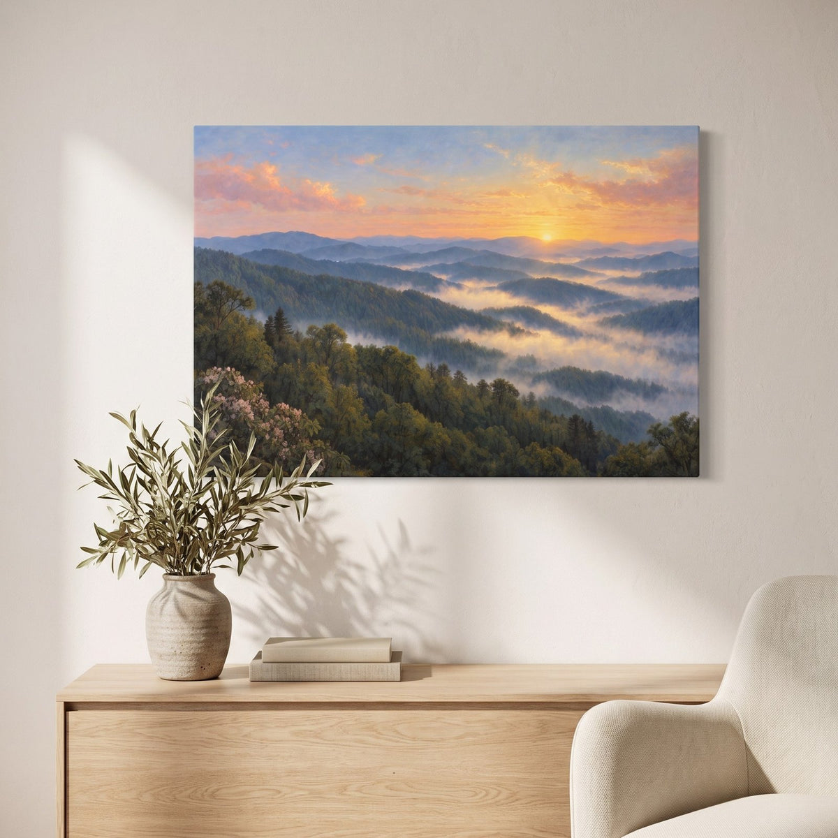 Smoky Mountain Morning canvas above a wooden console table