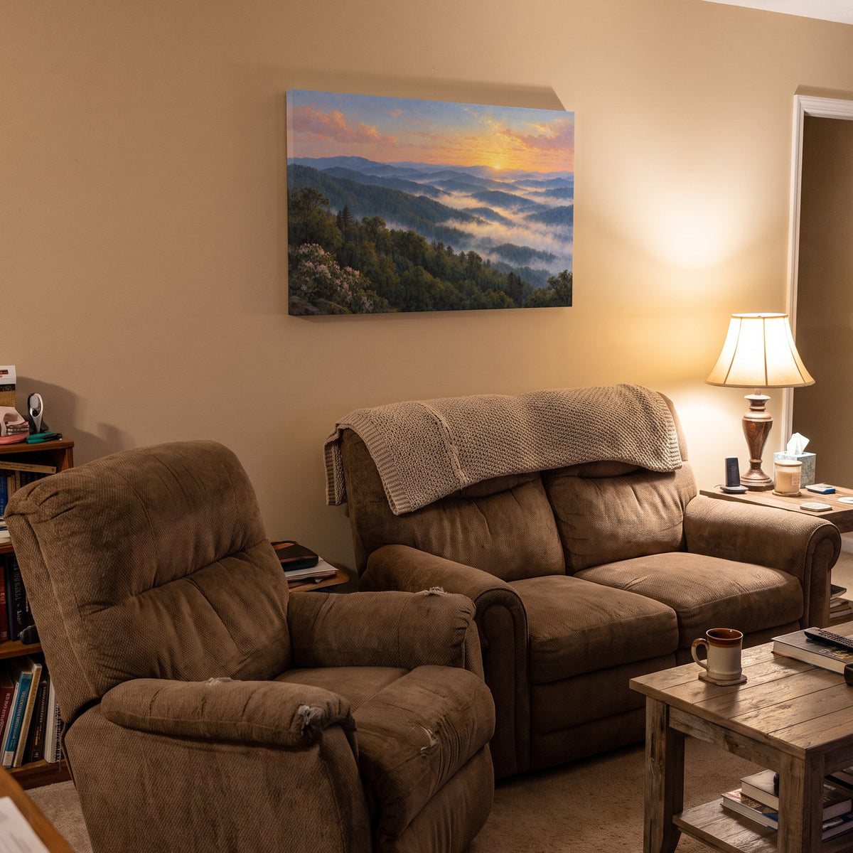 Smoky Mountain Morning canvas in a den