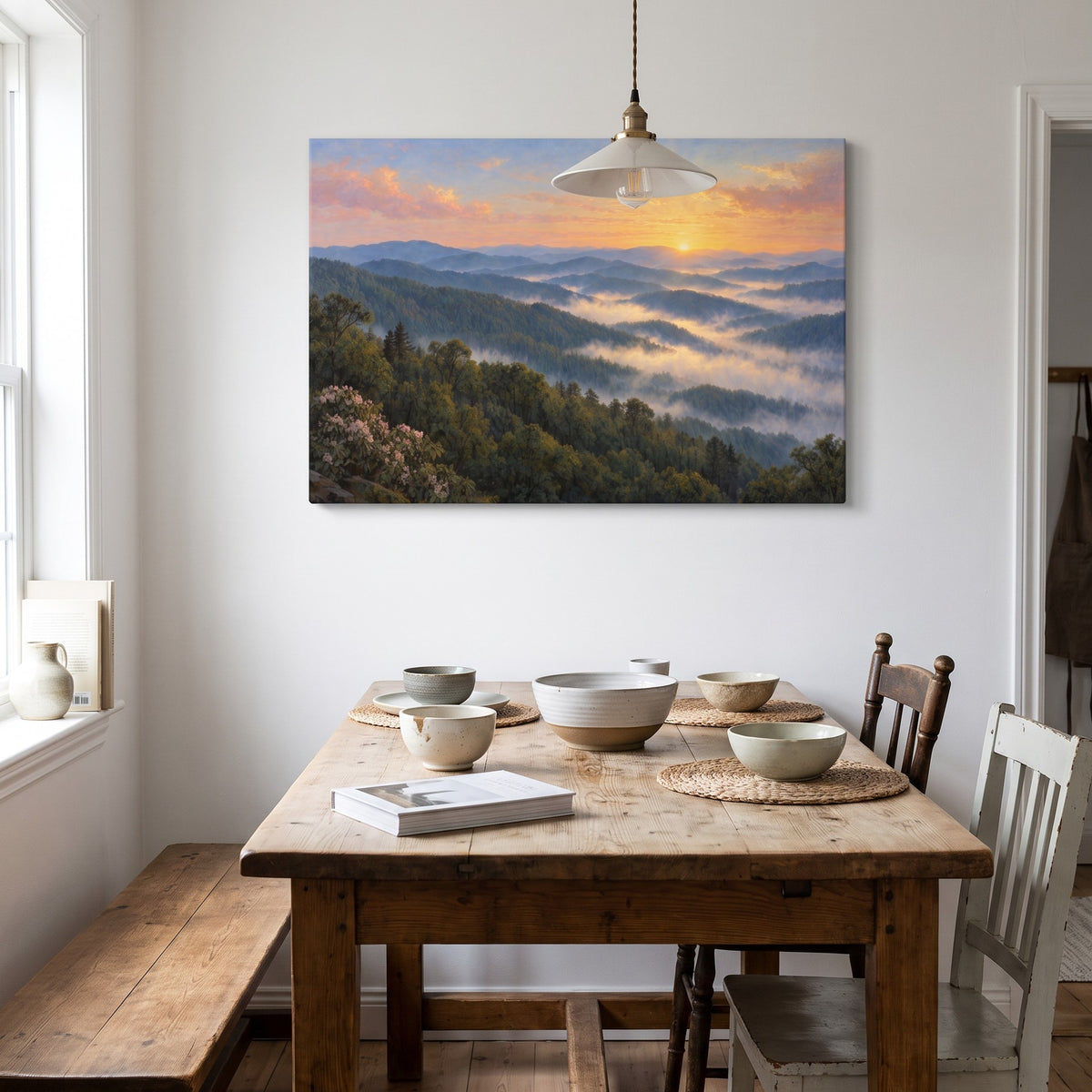 Smoky Mountain Morning canvas in a farmhouse dining room