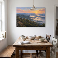 Smoky Mountain Morning canvas in a farmhouse dining room