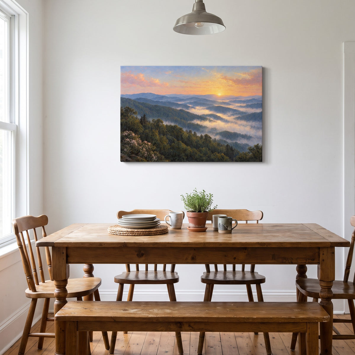 Smoky Mountain Morning canvas in a farmhouse dining room