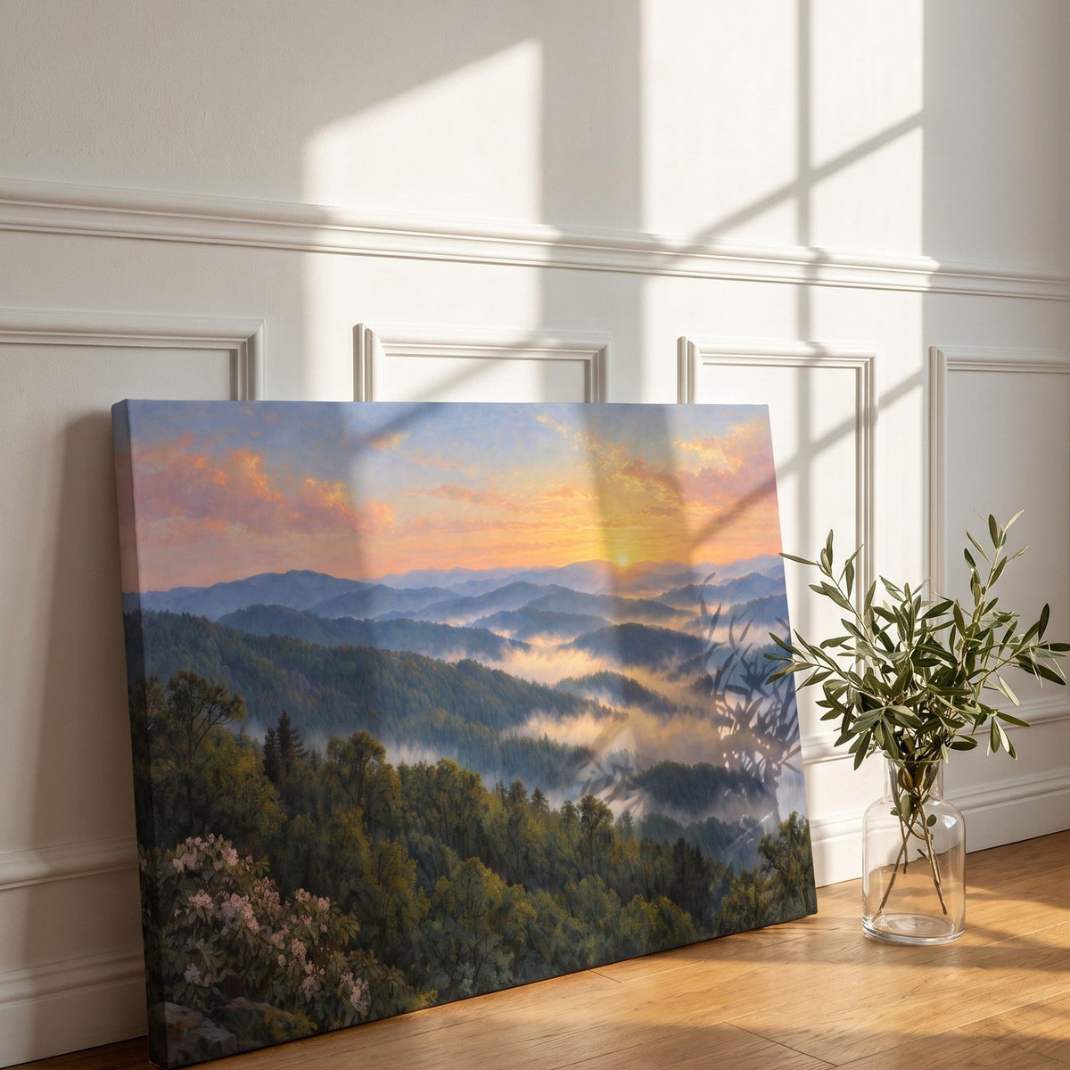 Smoky Mountain Morning canvas leaning against a white paneled wall
