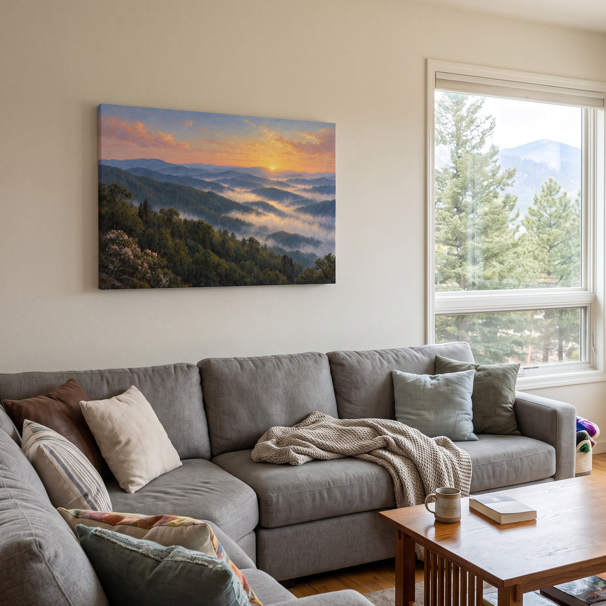 Smoky Mountain Morning canvas in a living room