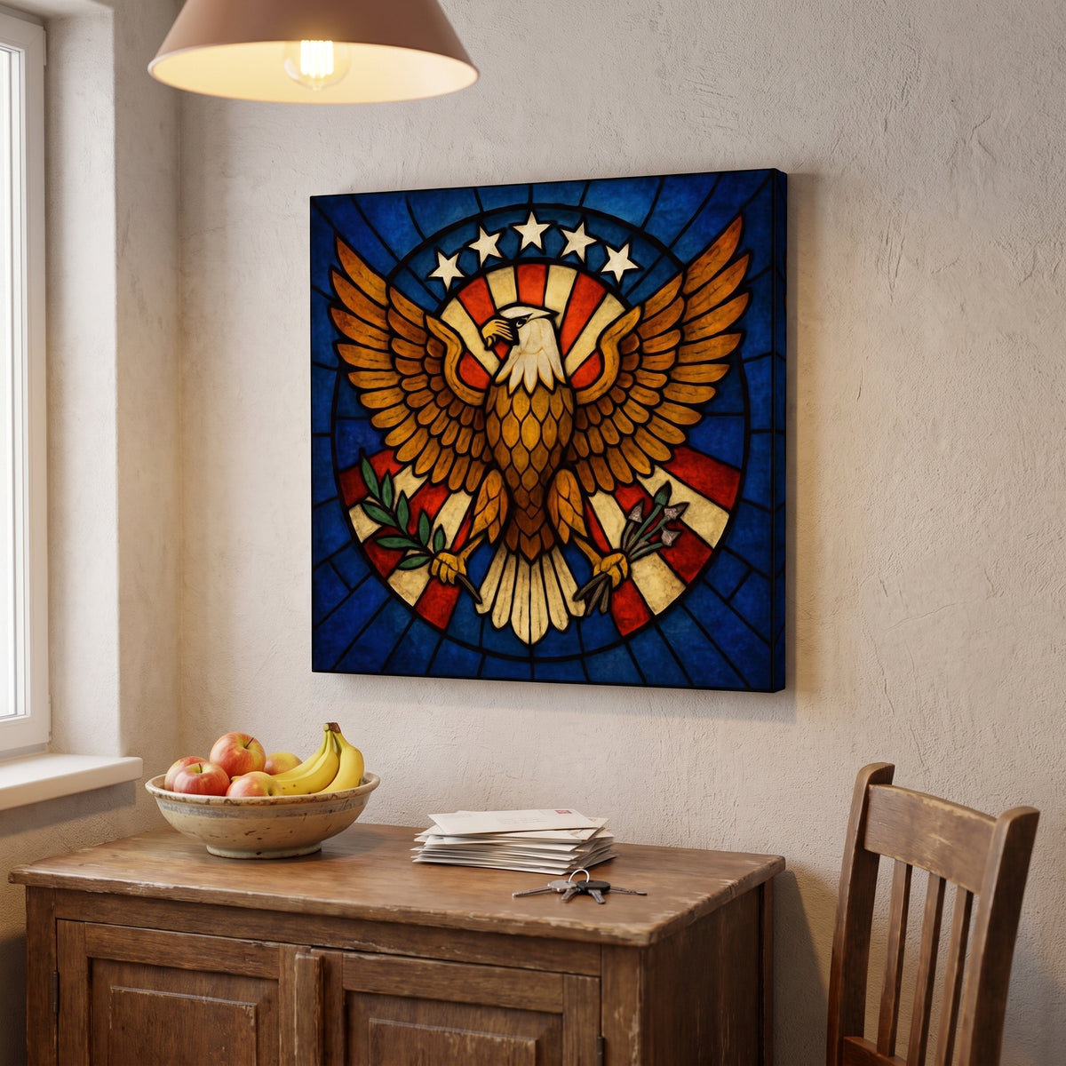 Talons of God – stained glass eagle with spread wings beneath a ring of stars, patriotic canvas wall art above a sideboard in a dining room