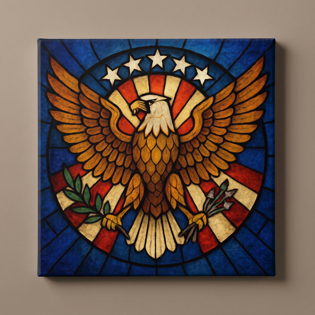 Talons of God – stained glass eagle with spread wings beneath a ring of stars, patriotic canvas wall art on a taupe wall