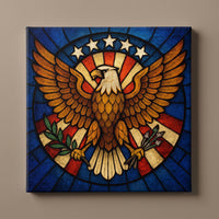 Talons of God – stained glass eagle with spread wings beneath a ring of stars, patriotic canvas wall art on a taupe wall