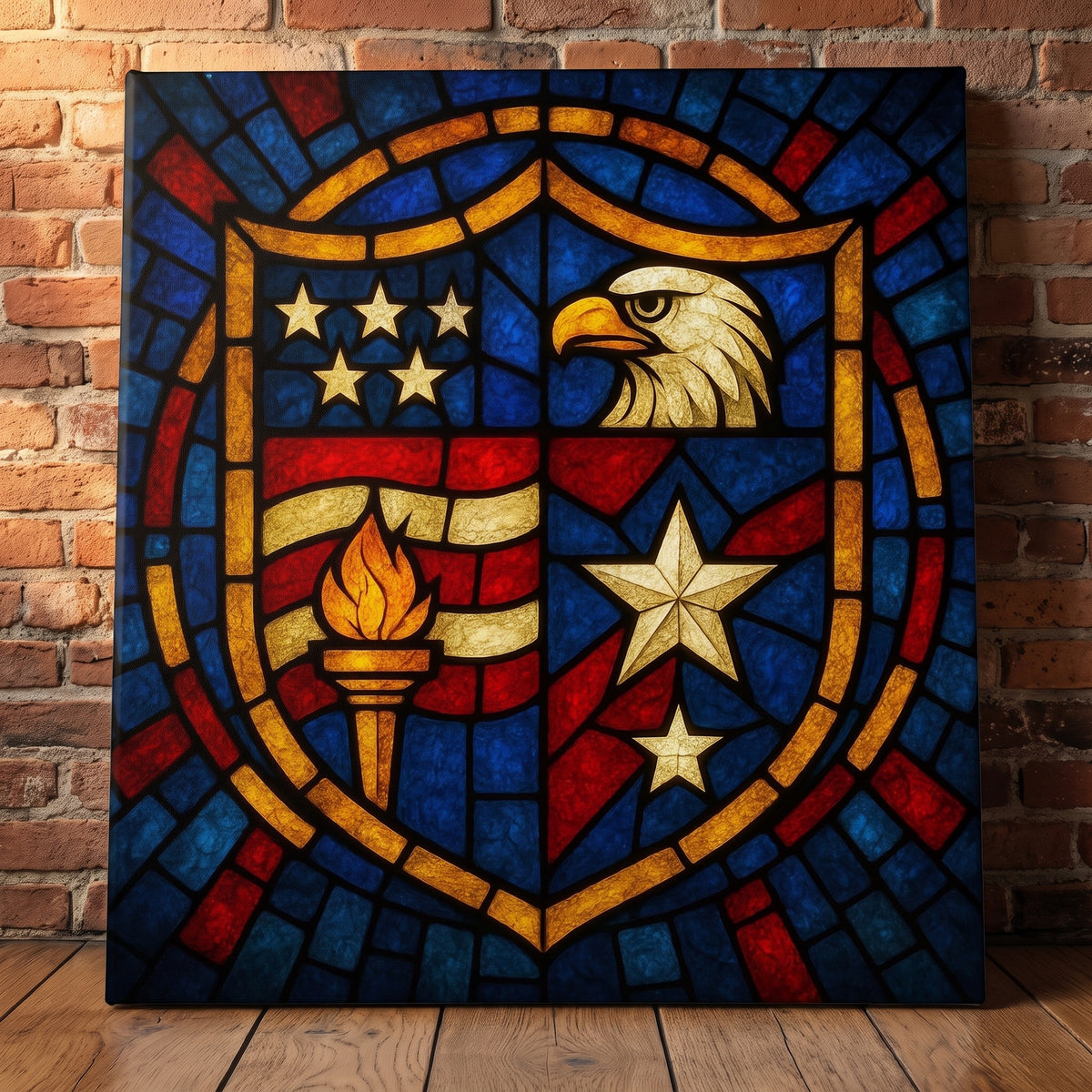 Emblem of America – stained glass shield with stars, stripes, a torch and an eagle, patriotic canvas wall art leaning against a red brick wall