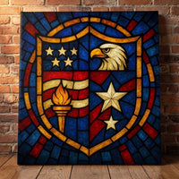 Emblem of America – stained glass shield with stars, stripes, a torch and an eagle, patriotic canvas wall art leaning against a red brick wall