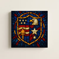 Emblem of America – stained glass shield with stars, stripes, a torch and an eagle, patriotic canvas wall art on a linen white wall