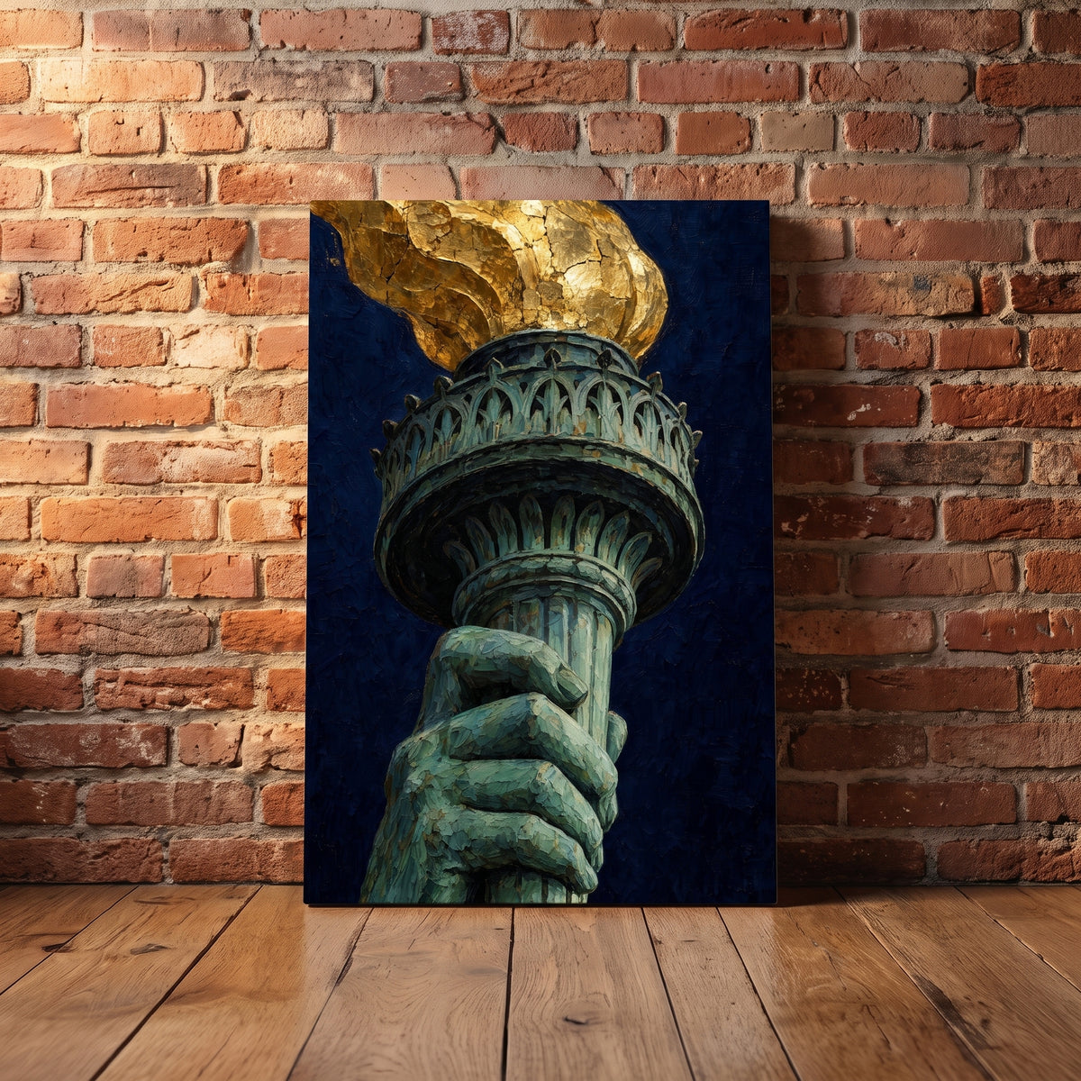 The Torch – the Statue of Liberty's hand and gold torch against night blue, patriotic canvas wall art leaning against a red brick wall