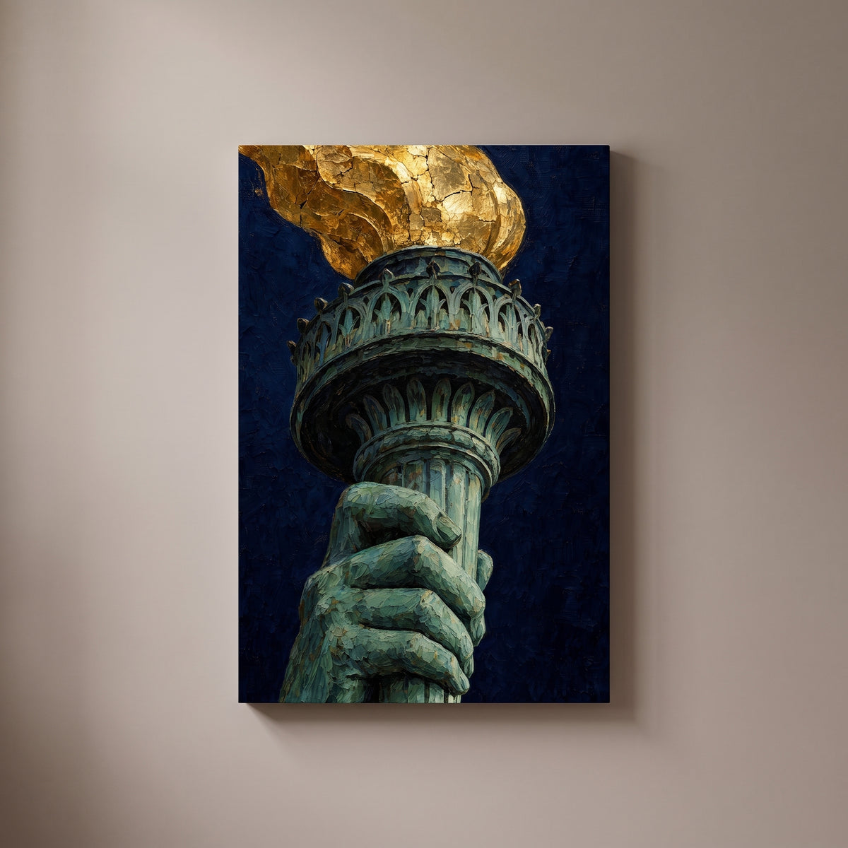 The Torch – the Statue of Liberty's hand and gold torch against night blue, patriotic canvas wall art on a taupe wall