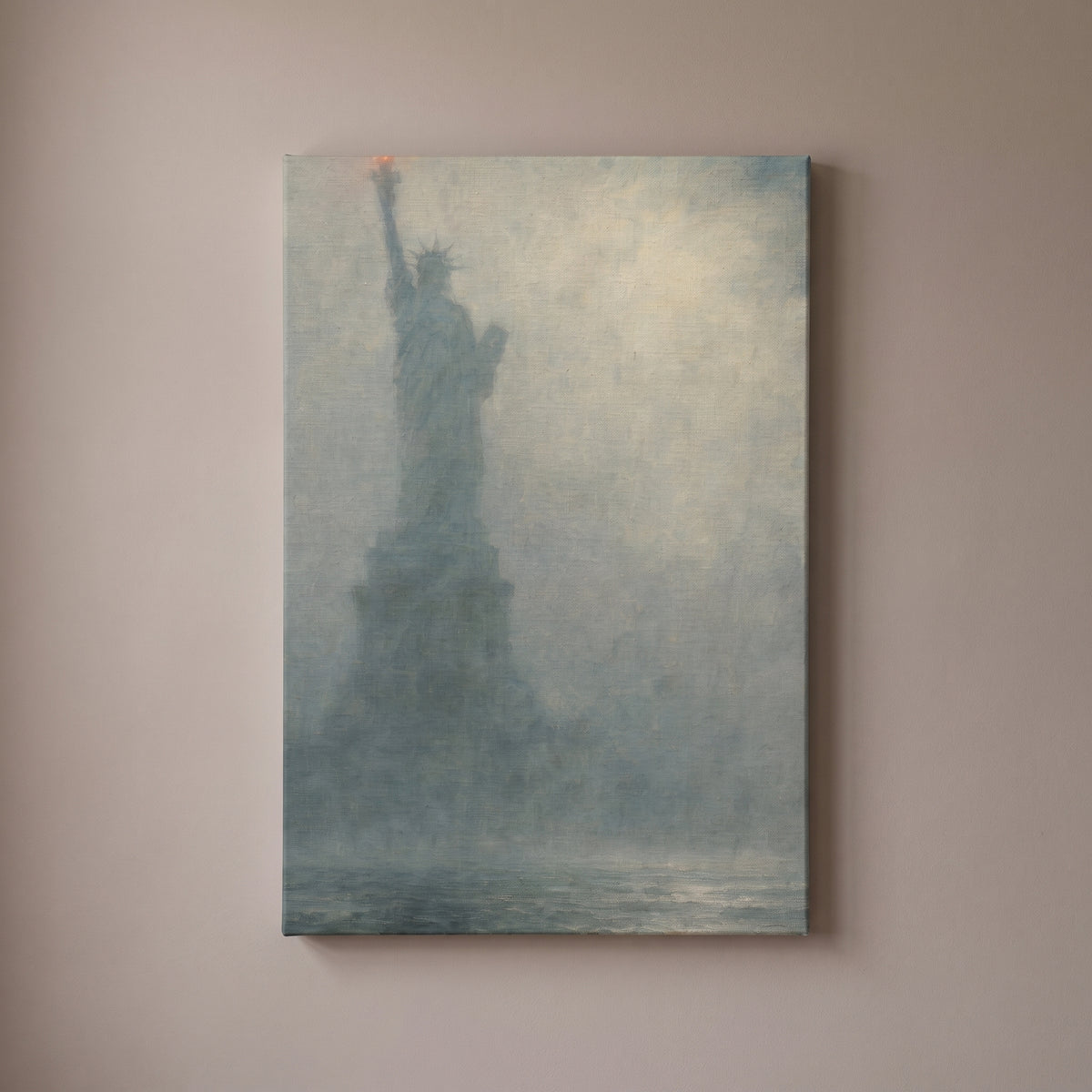 Liberty in Fog – the Statue of Liberty in harbor fog with the torch lit, patriotic canvas wall art on a taupe wall