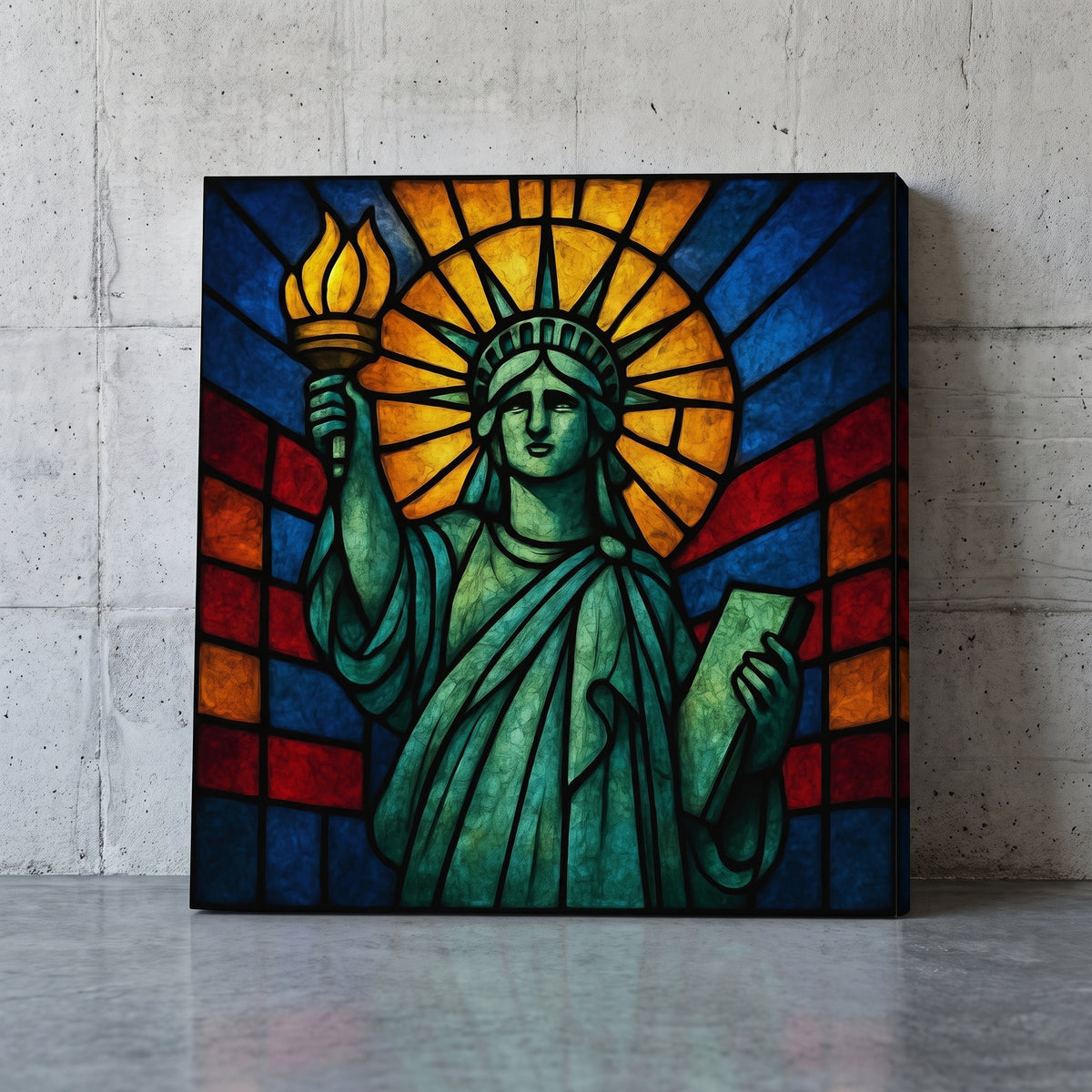 Lady Liberty under God – the Statue of Liberty in stained glass with stars and stripes, patriotic canvas wall art leaning against a concrete wall