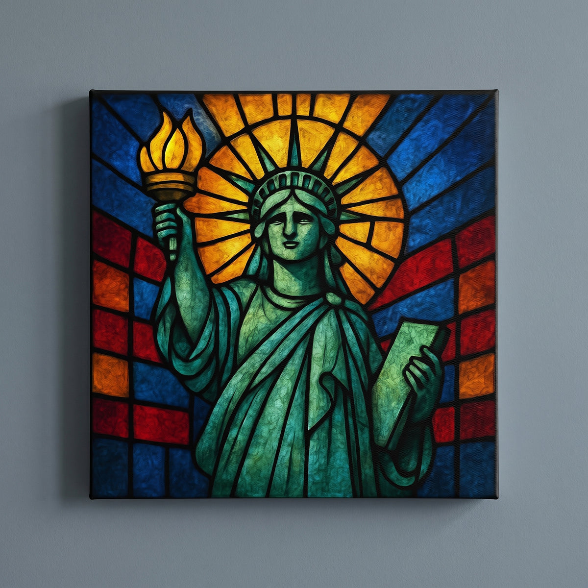 Lady Liberty under God – the Statue of Liberty in stained glass with stars and stripes, patriotic canvas wall art on a slate grey wall
